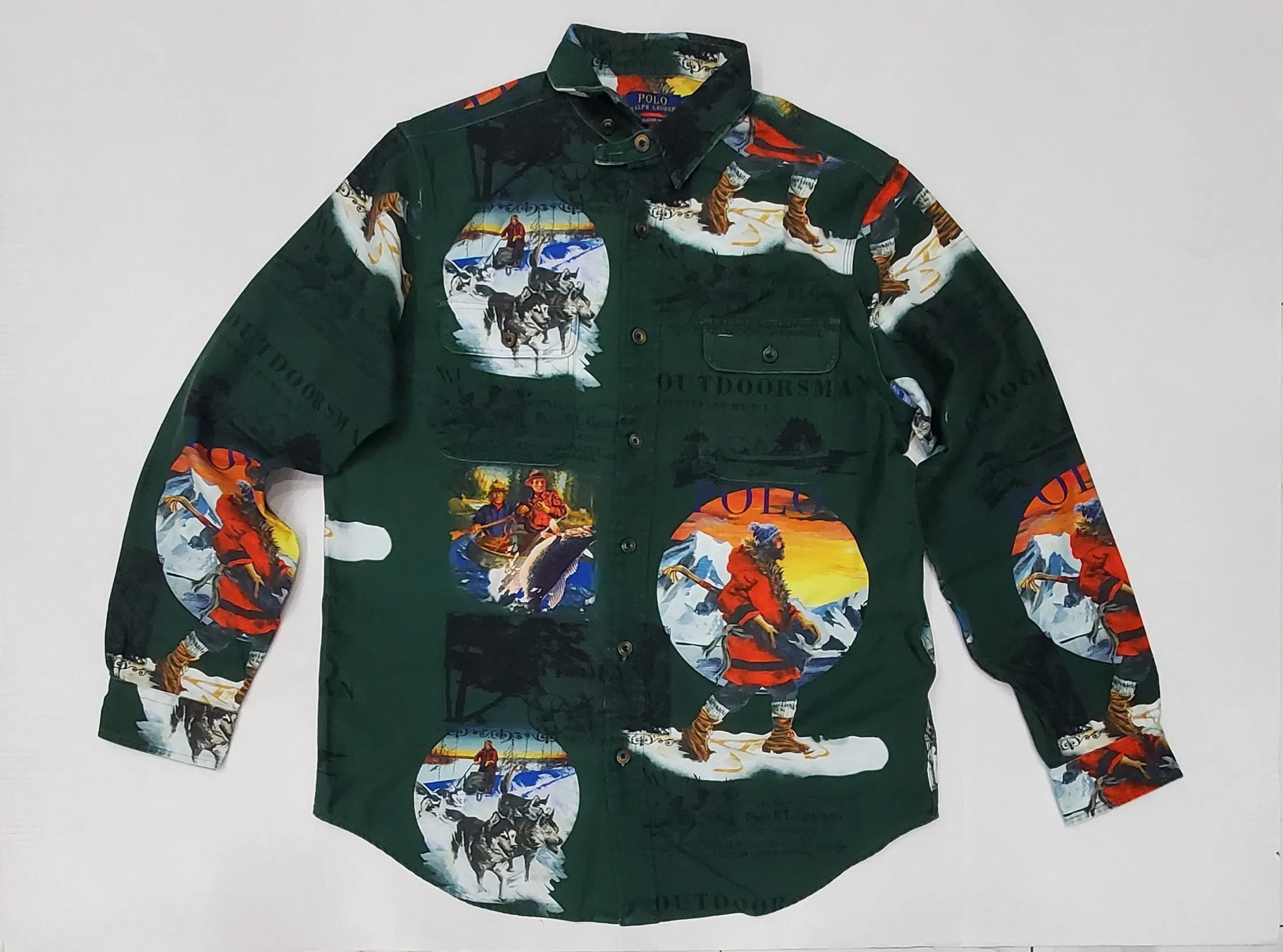Nwt Polo Ralph Lauren Green Outdoorsman Allover Print Classic Fit Button Up