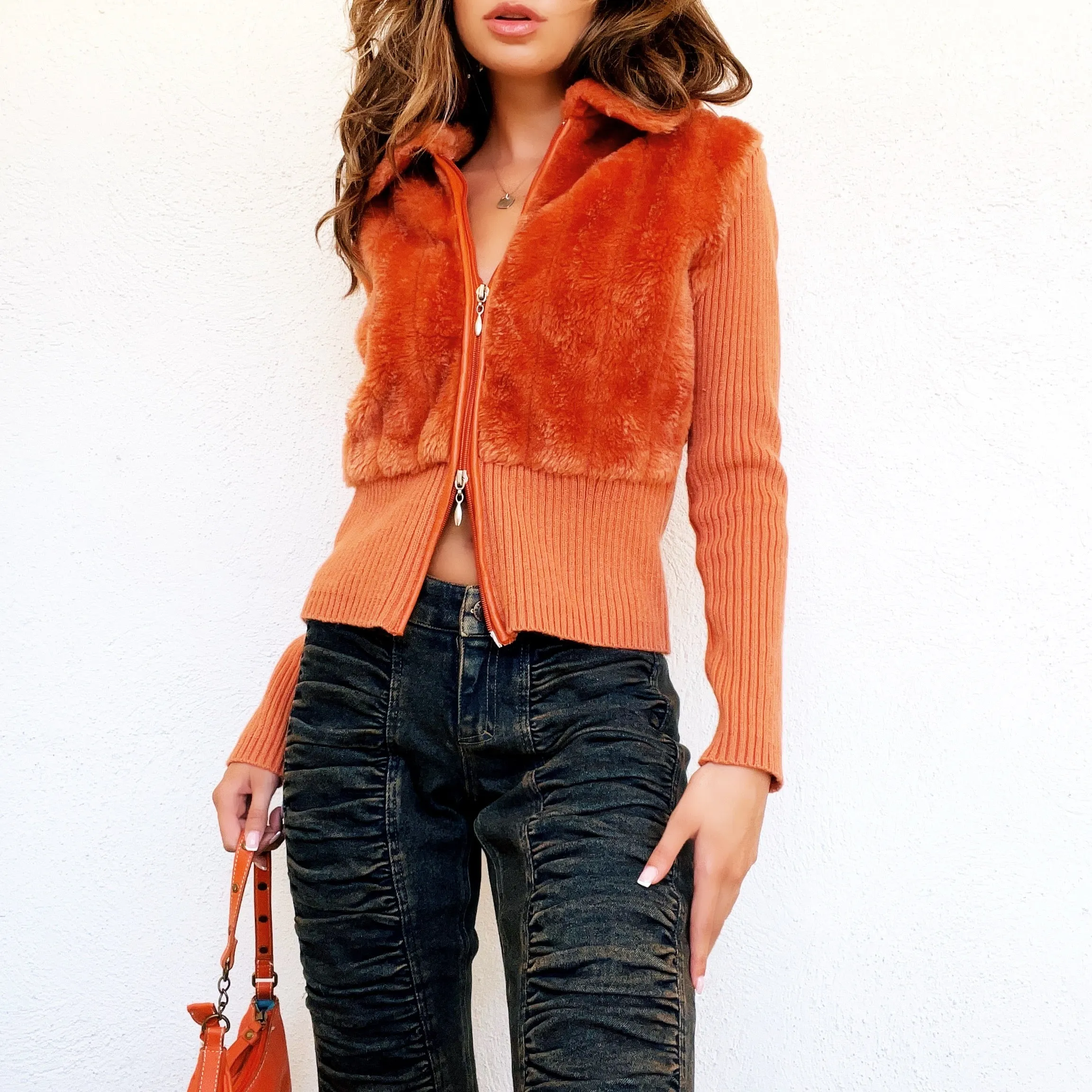 Orange Faux Fur Double Zip Jacket