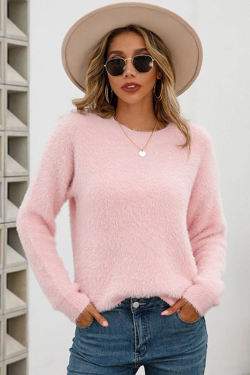 Pink Fuzzy Round Neck Sweater