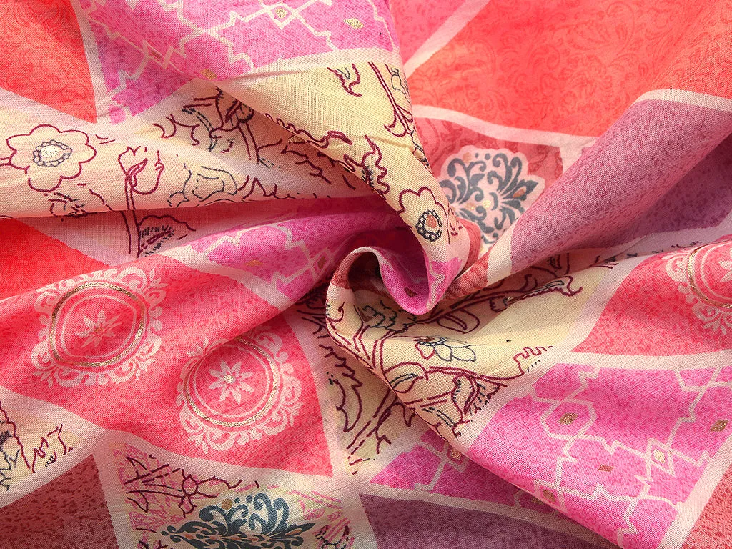 Pink Multicolor Lines Floral Pure Mul Mul Cotton Fabric