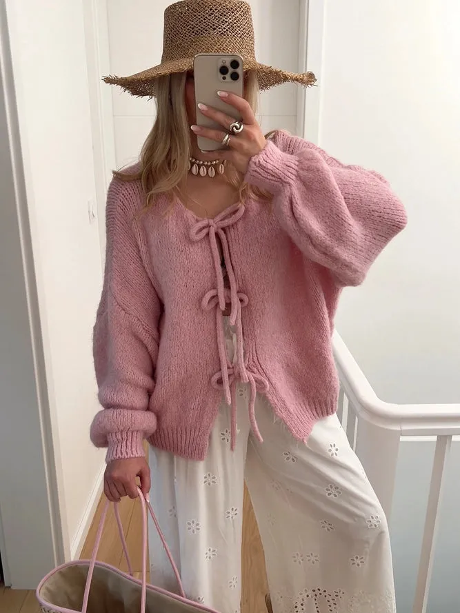 Plain Pretty Ribbon Bow Tie Front Lace Up Knit Cardigan