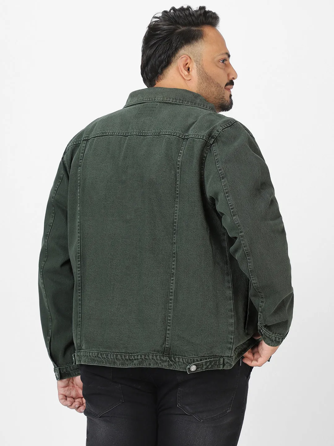 Plus Men's Olive Green Regular Fit Washed Full Sleeve Denim Jacket