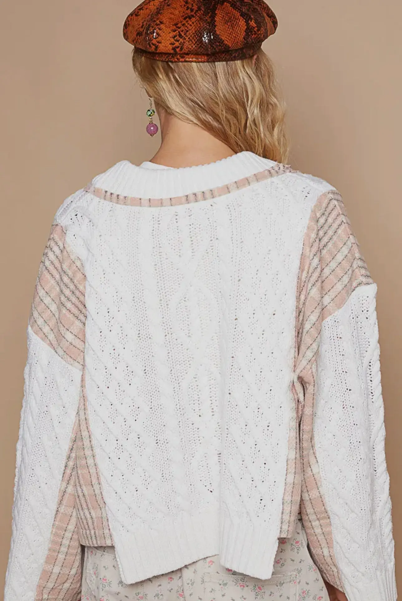 POL Cable-Knit Plaid V-Neck Button Up Cardigan