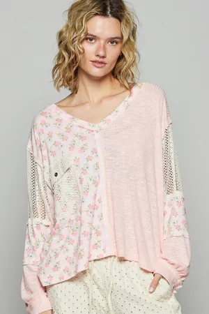 POL Powder Peach Floral Crochet Patch V-Neck Top