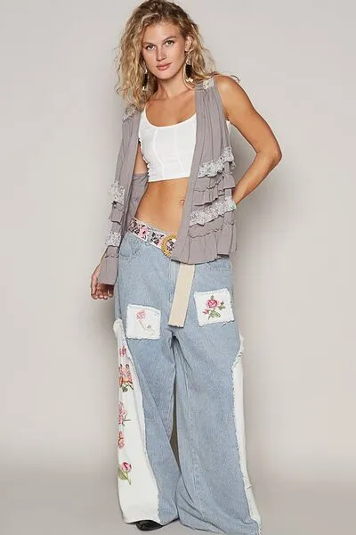 POL Stone Gray  Ruffled Open Front Sleeveless Cardigan