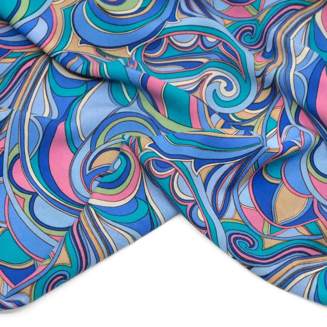 Psychedelic Swirls Rayon Challis - Aqua/Cobalt/Pink