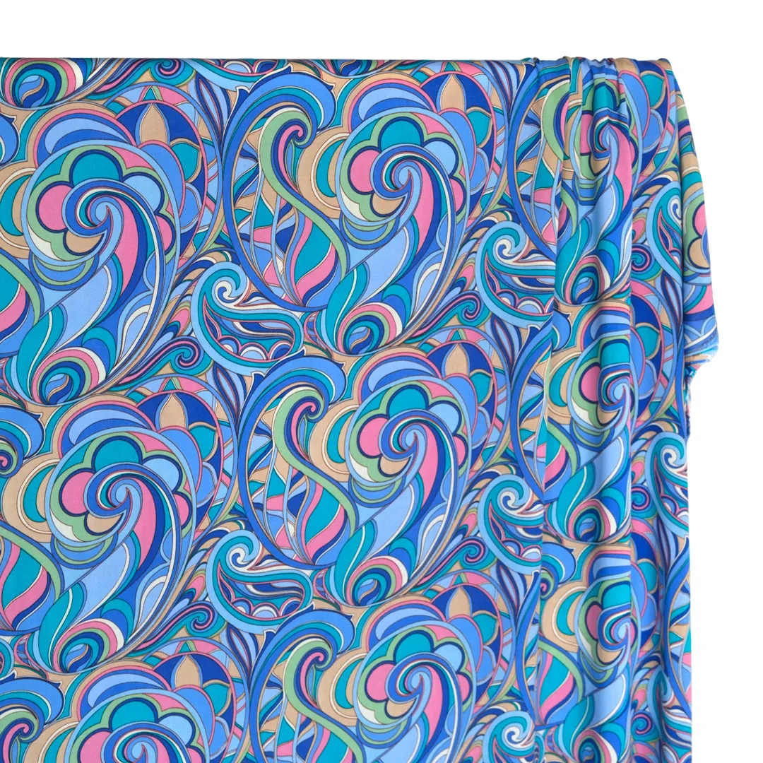 Psychedelic Swirls Rayon Challis - Aqua/Cobalt/Pink