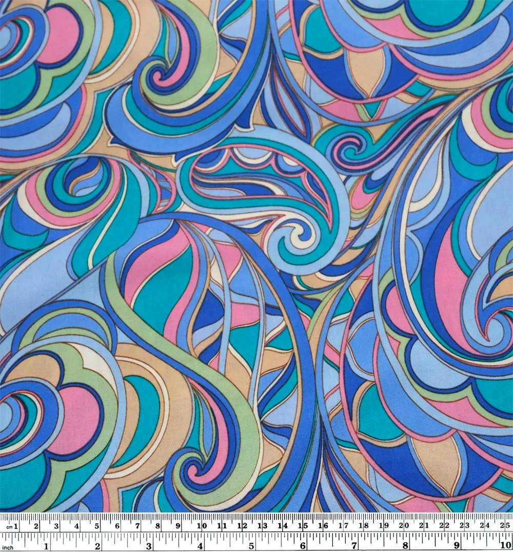 Psychedelic Swirls Rayon Challis - Aqua/Cobalt/Pink