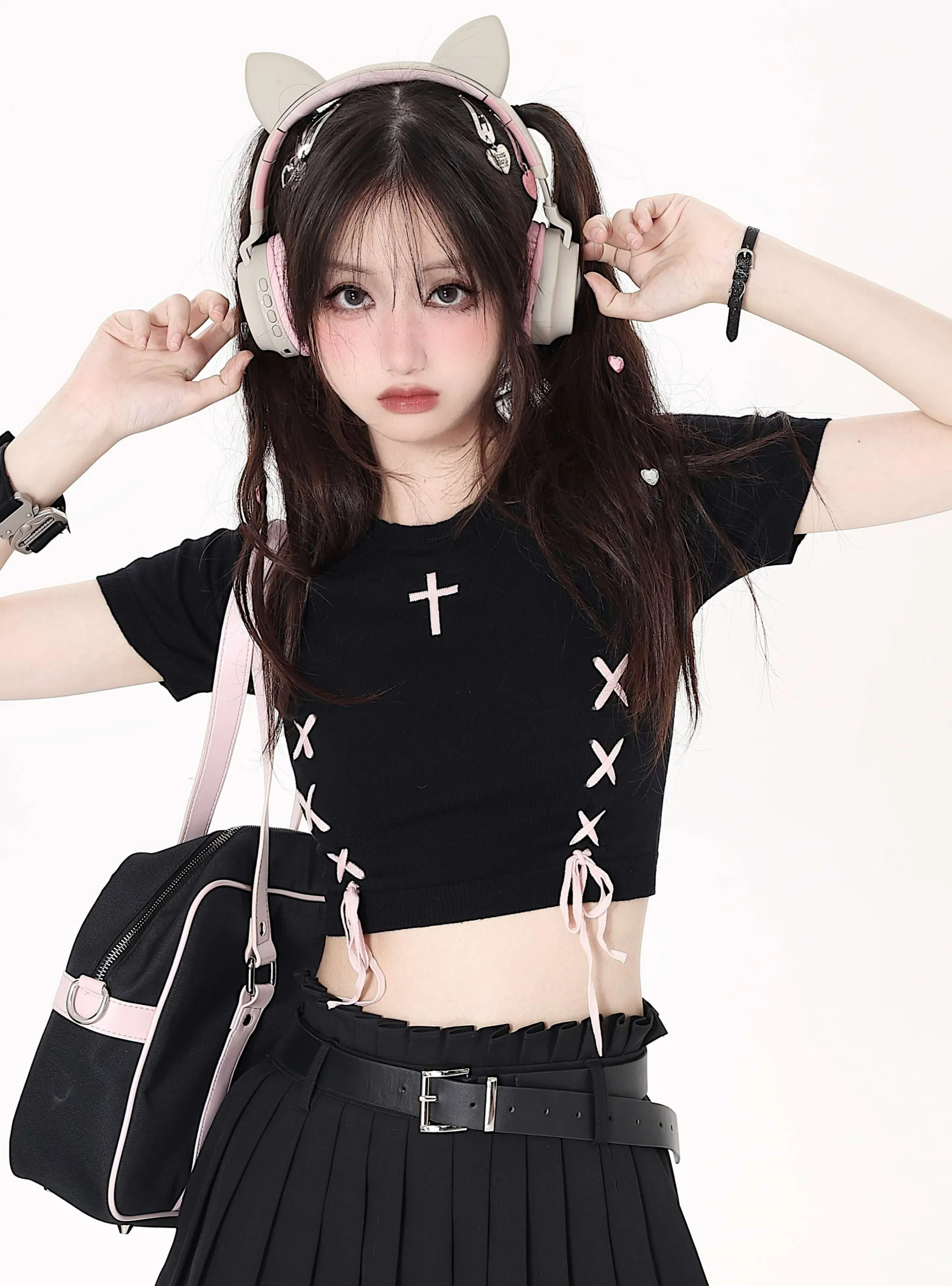 Ribbed Hem Cold Shoulder Crop Top with Drawstrings