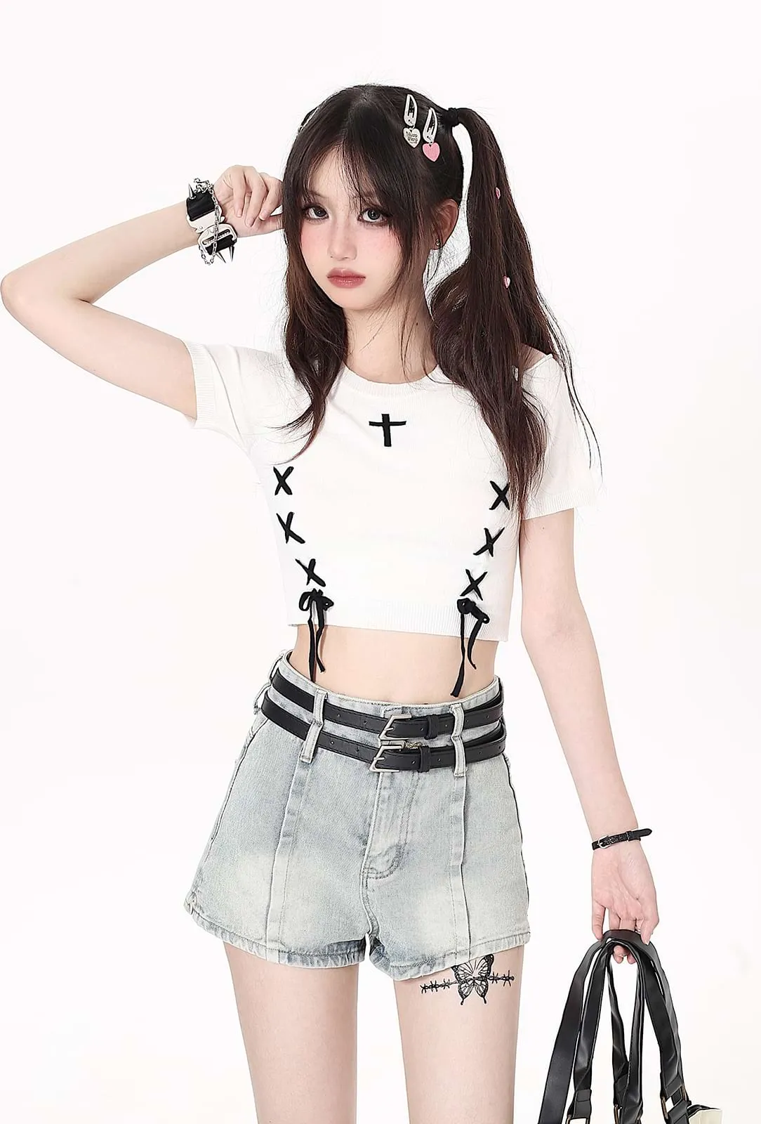 Ribbed Hem Cold Shoulder Crop Top with Drawstrings