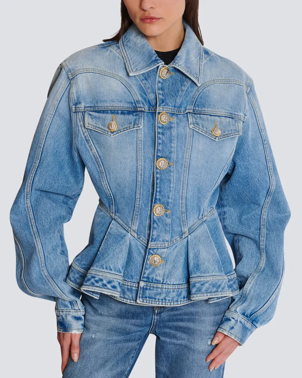 Ruffled Denim Jacket in Bleu