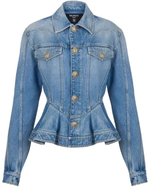 Ruffled Denim Jacket in Bleu