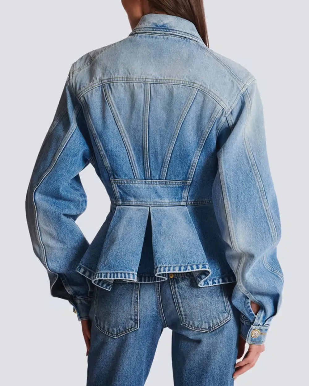 Ruffled Denim Jacket in Bleu
