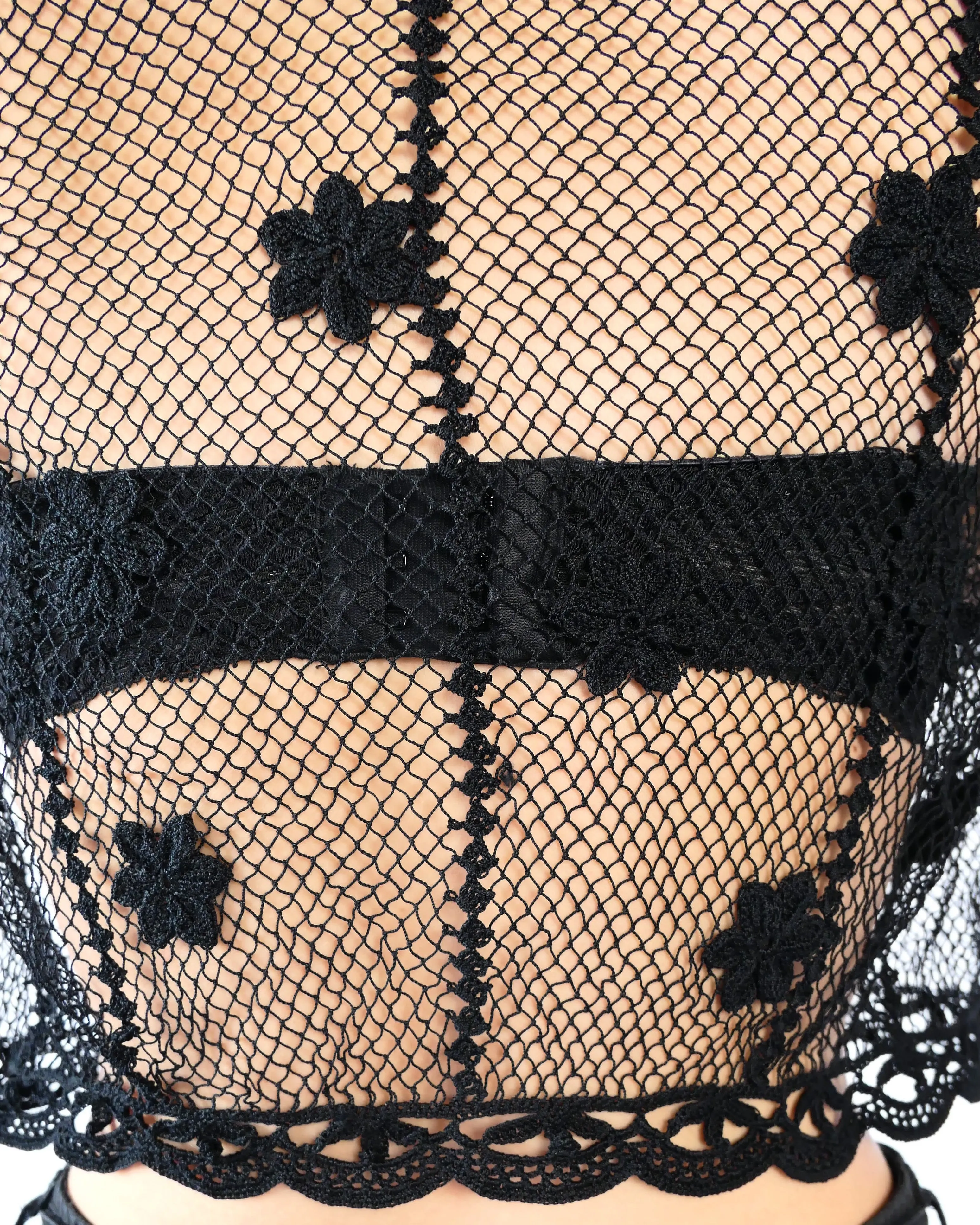 Sheer Crochet Cropped Cardigan with Mini Floral Motif