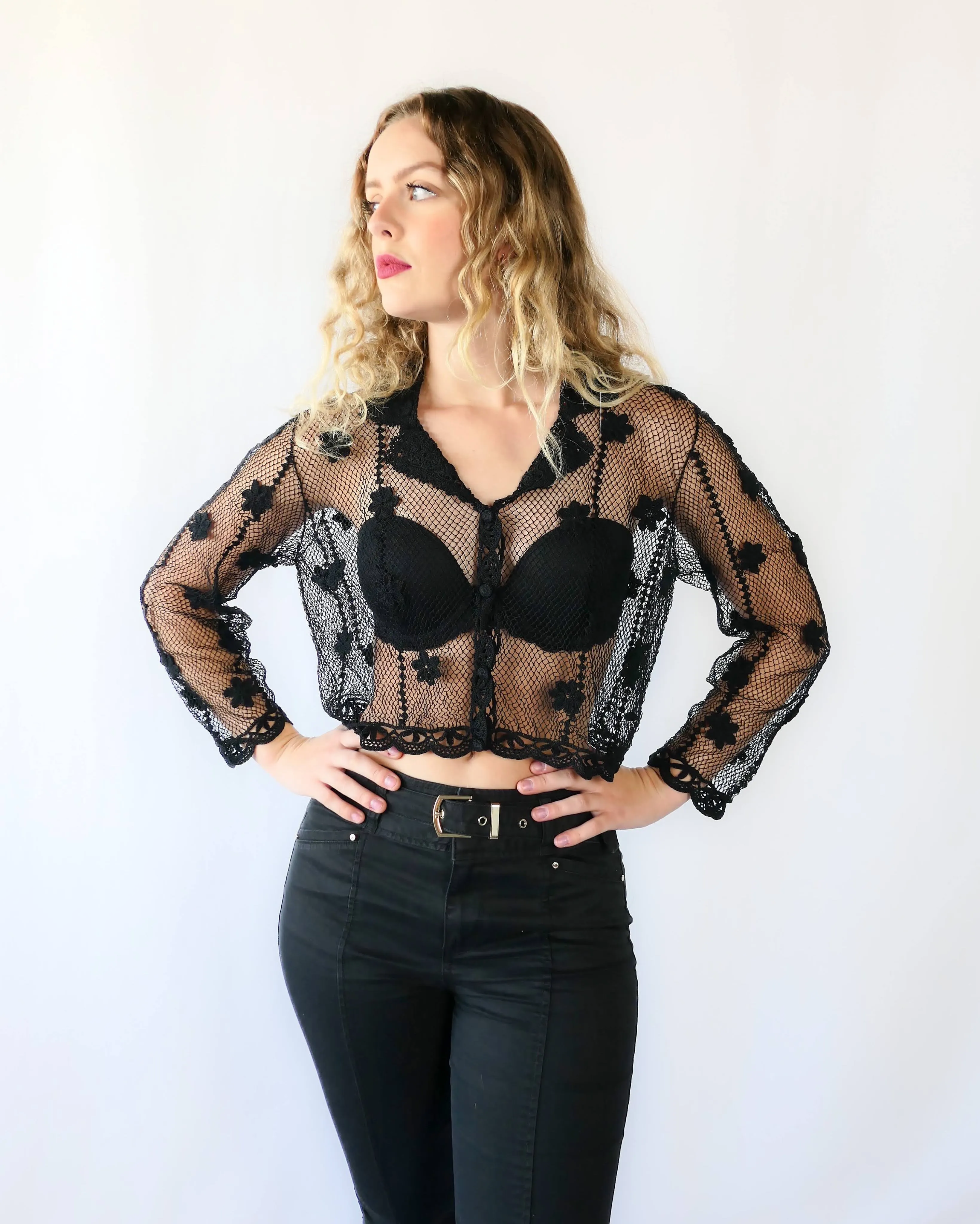 Sheer Crochet Cropped Cardigan with Mini Floral Motif