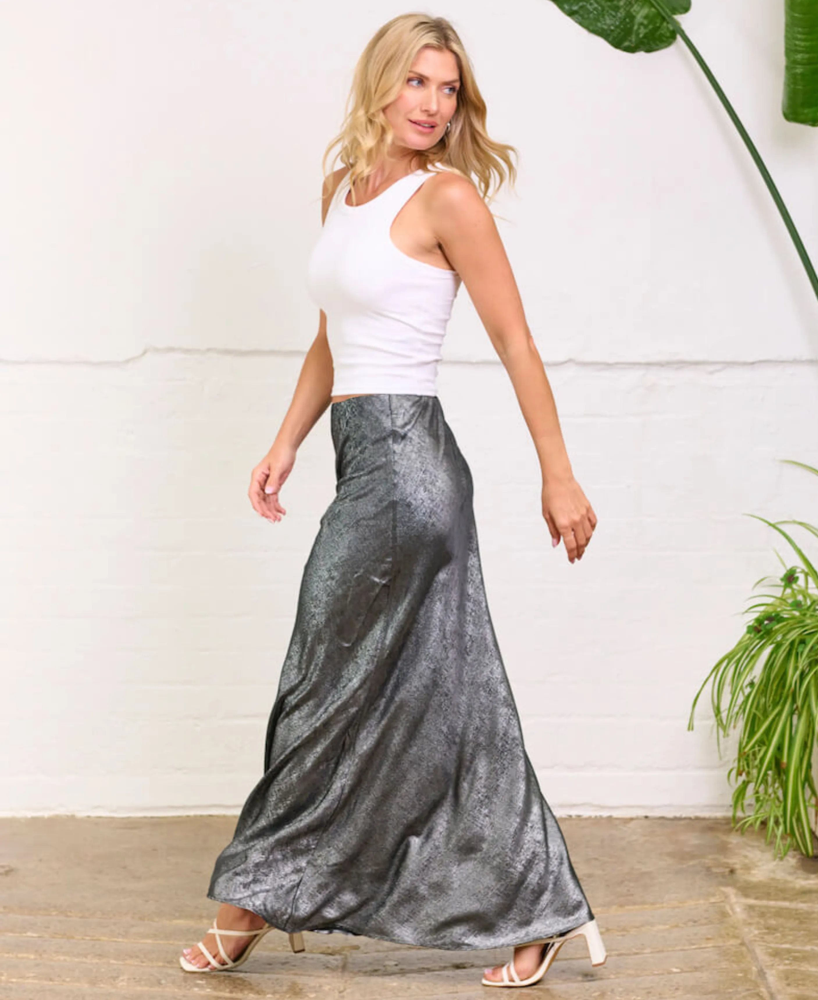 Silver Satin Maxi Skirt