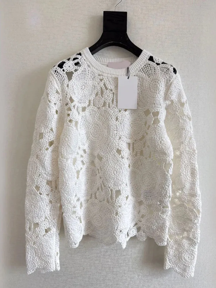 Solid Hollow Out Casual Sweaters For Women O Neck Long Sleeve Temperament Chic Minimalist Top Female Clothes New