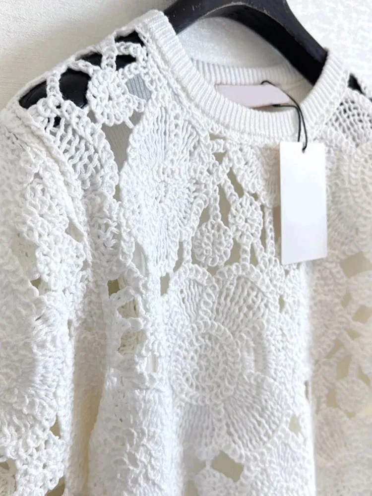 Solid Hollow Out Casual Sweaters For Women O Neck Long Sleeve Temperament Chic Minimalist Top Female Clothes New