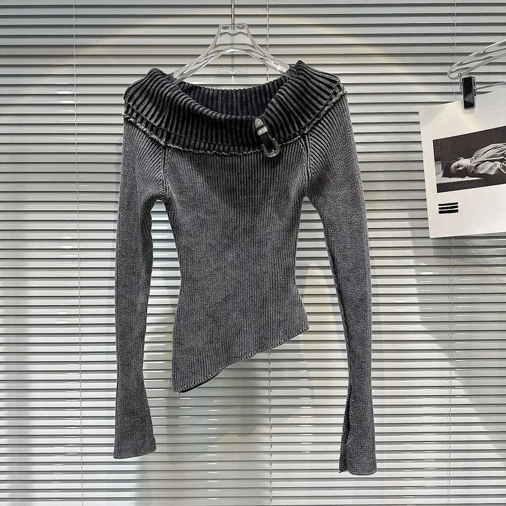 Solid Knitting Sweaters For Women Slash Neck Long Sleeve Patchwork Belt Slimming Chic Sweater Female Fashion Style