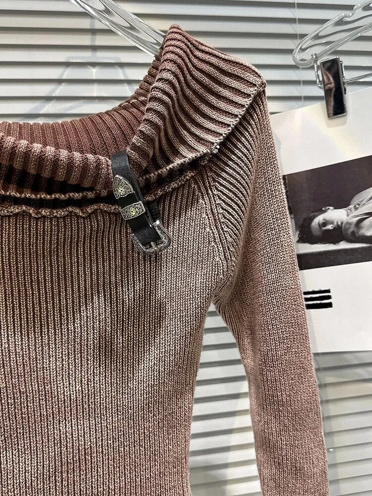 Solid Knitting Sweaters For Women Slash Neck Long Sleeve Patchwork Belt Slimming Chic Sweater Female Fashion Style