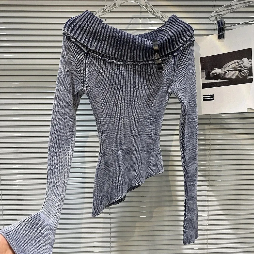 Solid Knitting Sweaters For Women Slash Neck Long Sleeve Patchwork Belt Slimming Chic Sweater Female Fashion Style