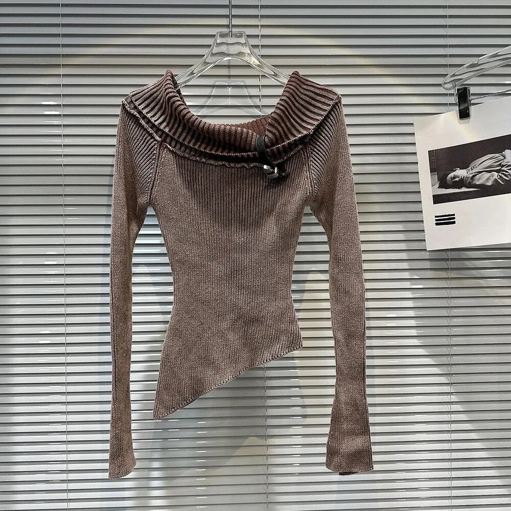 Solid Knitting Sweaters For Women Slash Neck Long Sleeve Patchwork Belt Slimming Chic Sweater Female Fashion Style