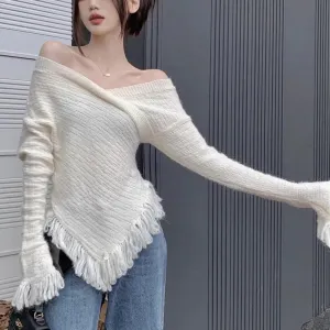 Solid Slimming Sexy Knitting Sweaters For Women V Neck Flare Sleeve Patchwork Tassel Chic Sweater Female Fashion