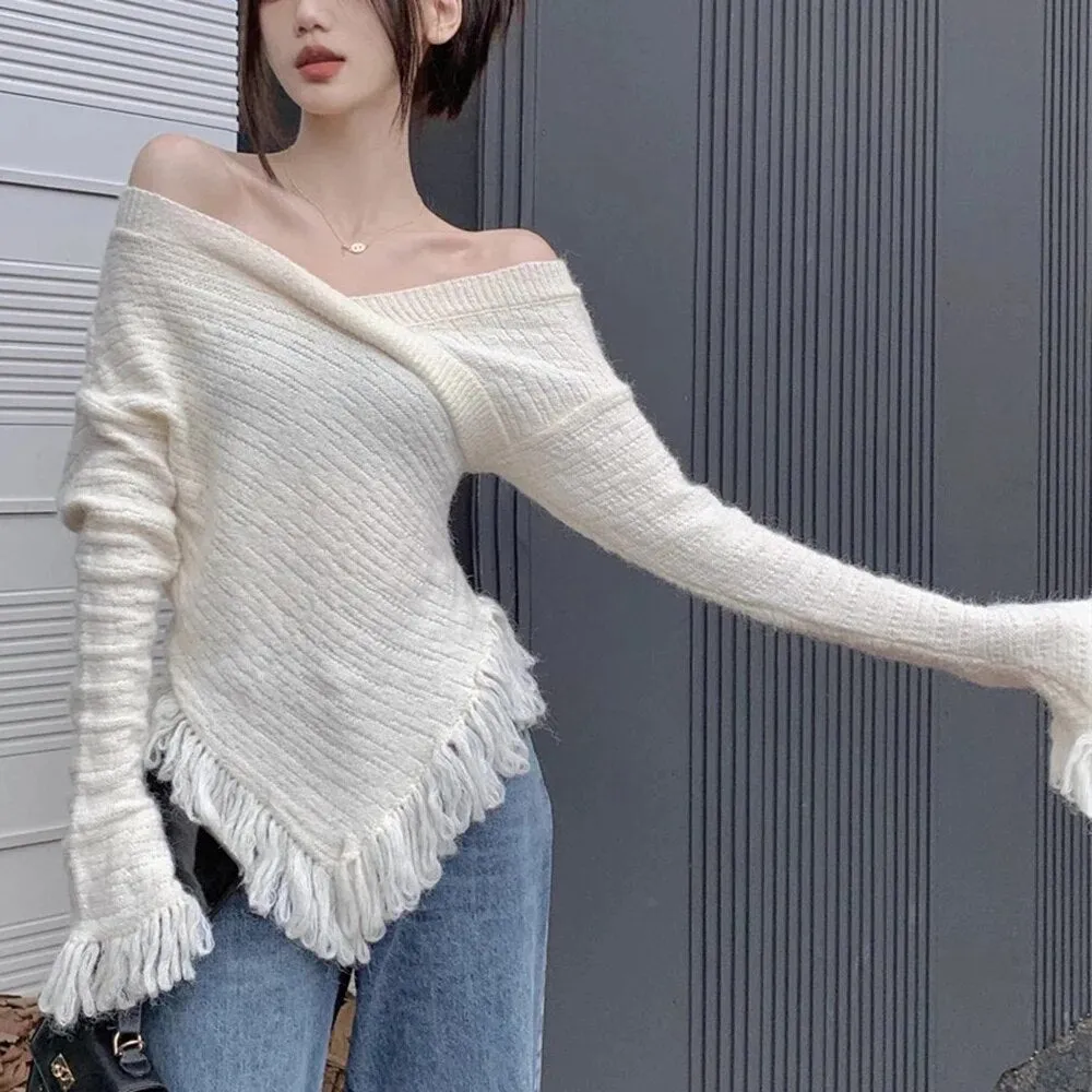 Solid Slimming Sexy Knitting Sweaters For Women V Neck Flare Sleeve Patchwork Tassel Chic Sweater Female Fashion