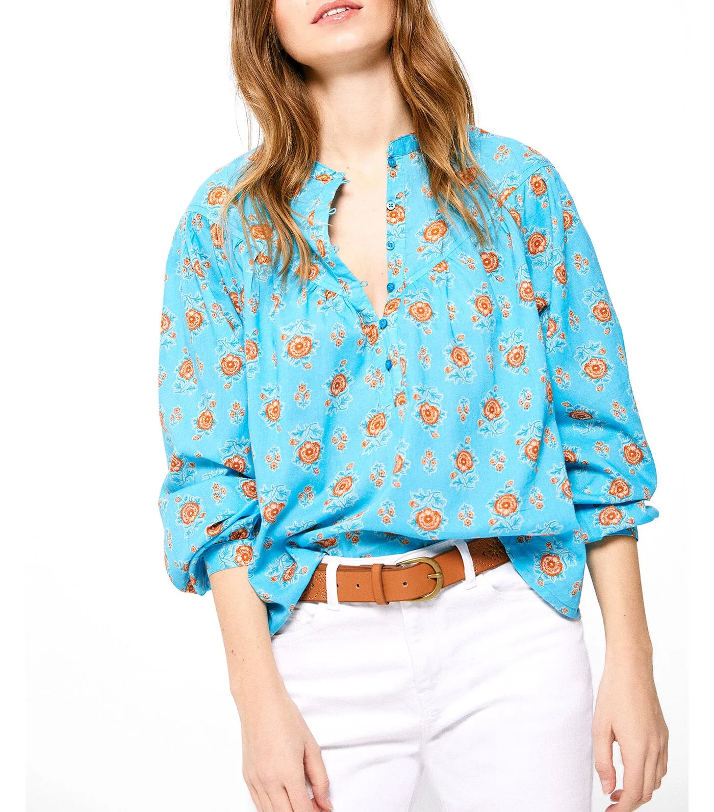 Stitching Printed Blouse Blue