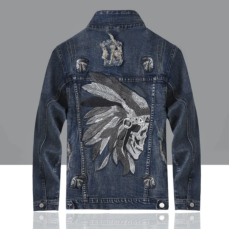 Stretch Denim Slim Men's Embroidery Denim Jacket Coat