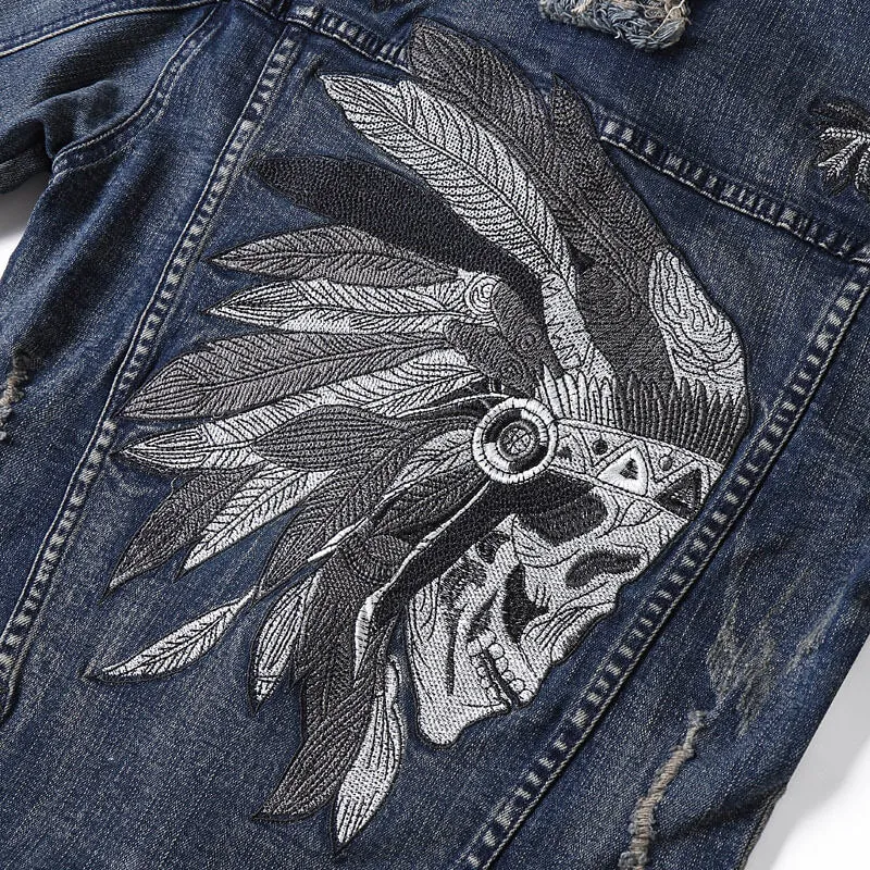 Stretch Denim Slim Men's Embroidery Denim Jacket Coat