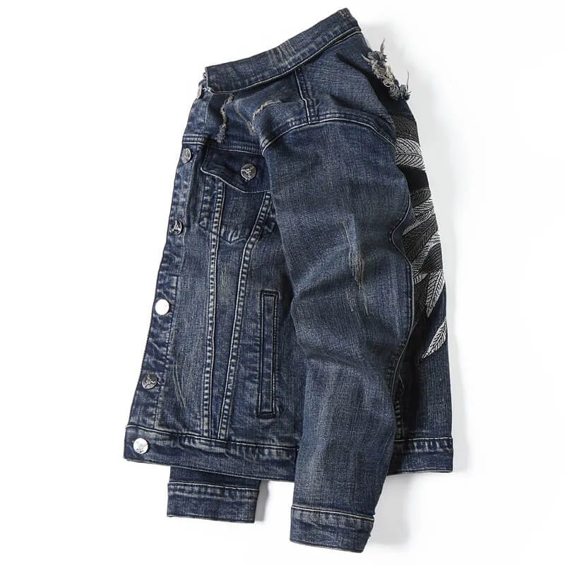 Stretch Denim Slim Men's Embroidery Denim Jacket Coat