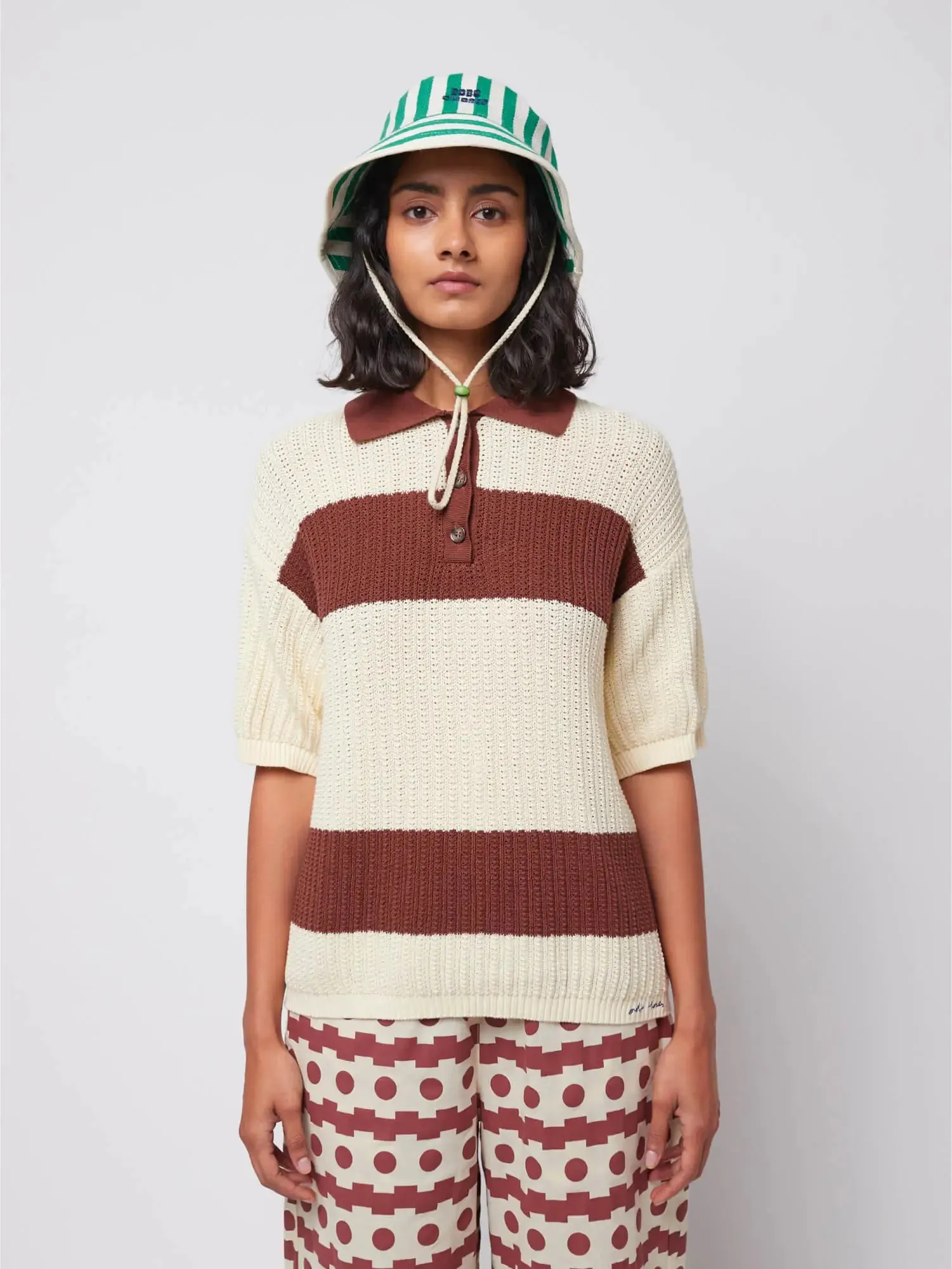 Stripes pointelle knitted polo shirt