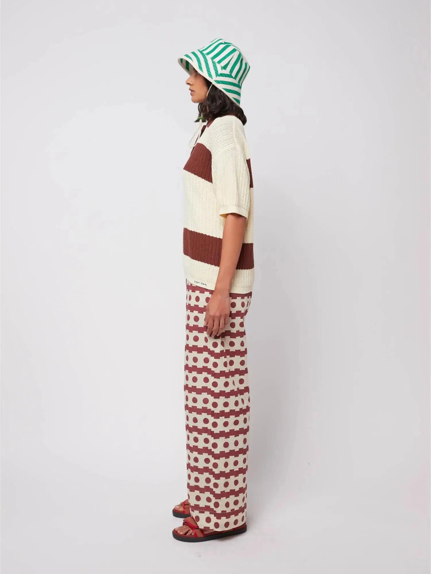 Stripes pointelle knitted polo shirt