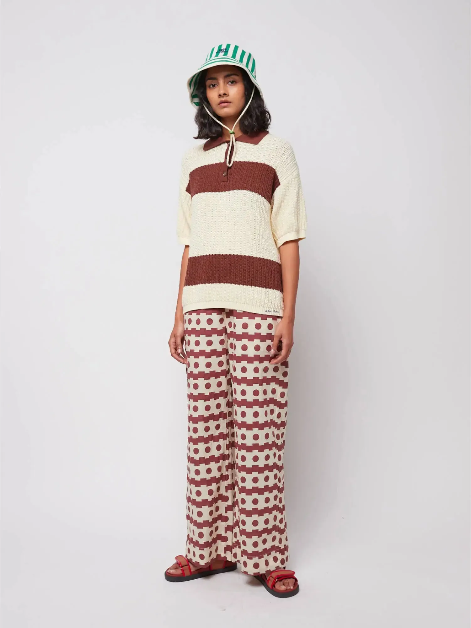 Stripes pointelle knitted polo shirt