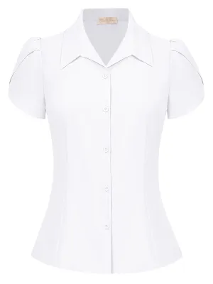 Summer Short Sleeve Button Down Blouse for Women V Neck Vintage Business Casual Shirts Tops