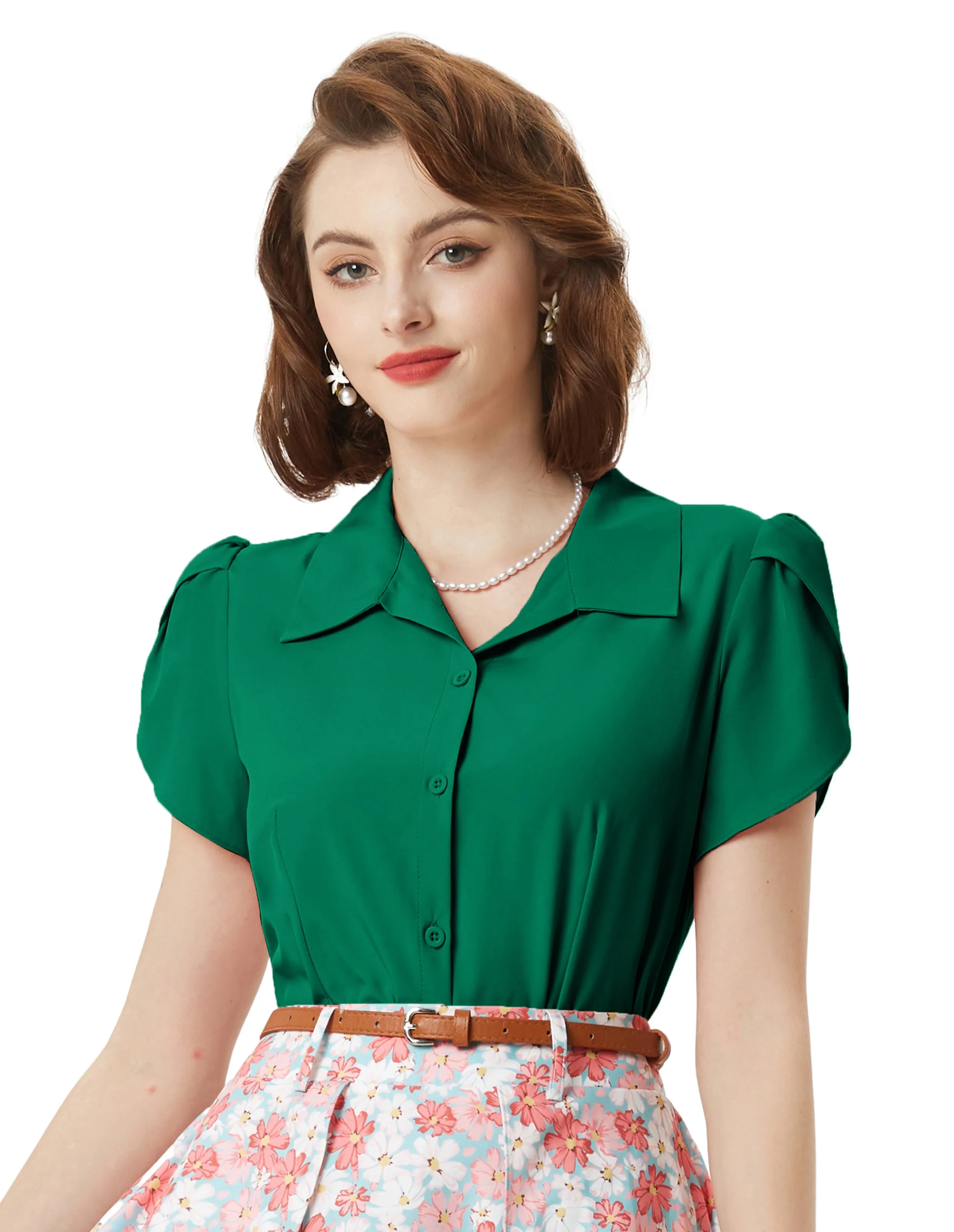 Summer Short Sleeve Button Down Blouse for Women V Neck Vintage Business Casual Shirts Tops