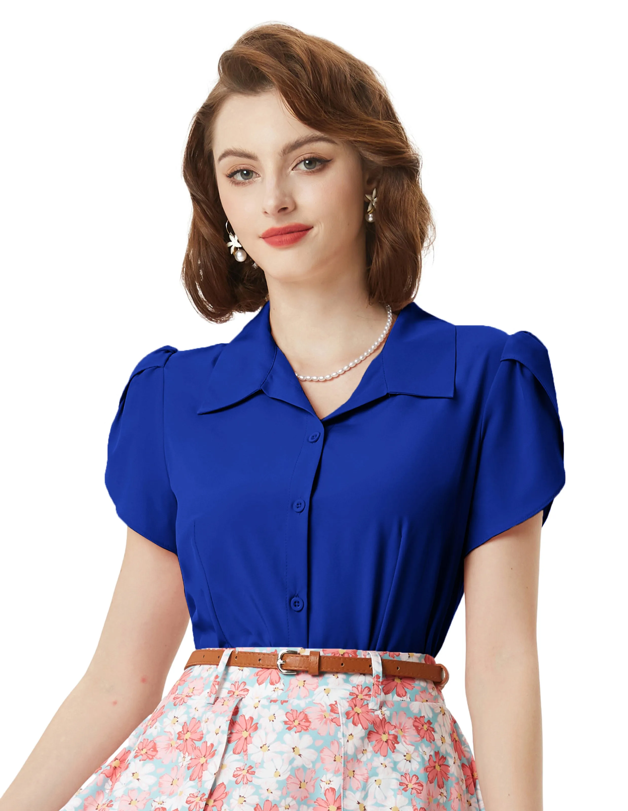 Summer Short Sleeve Button Down Blouse for Women V Neck Vintage Business Casual Shirts Tops