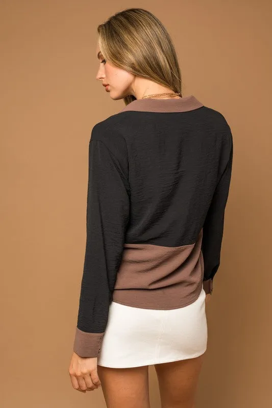 TEEK - BLACK-BROWN Long Sleeve Contrast Button Down Top