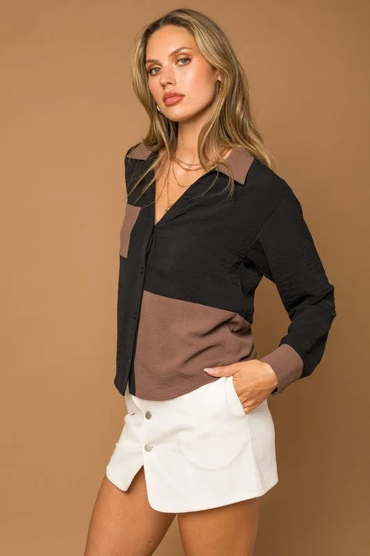 TEEK - BLACK-BROWN Long Sleeve Contrast Button Down Top