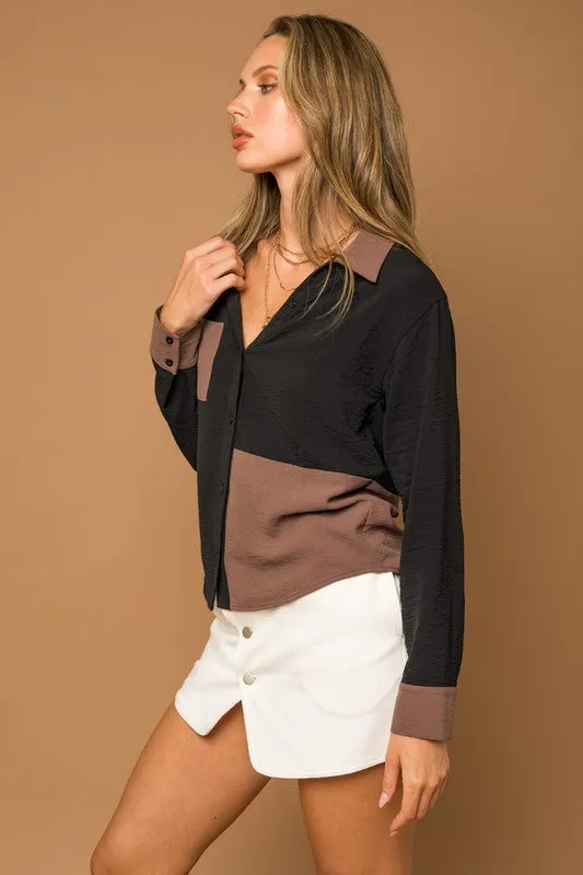TEEK - BLACK-BROWN Long Sleeve Contrast Button Down Top