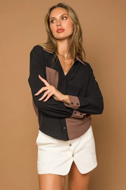 TEEK - BLACK-BROWN Long Sleeve Contrast Button Down Top
