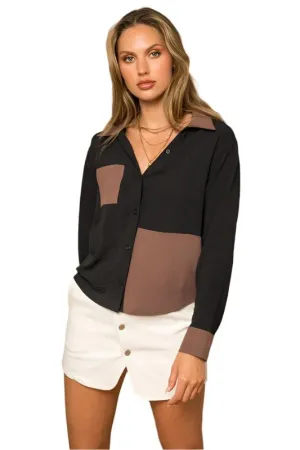 TEEK - BLACK-BROWN Long Sleeve Contrast Button Down Top