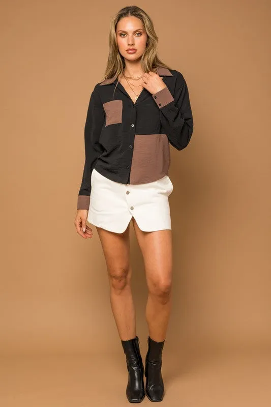 TEEK - BLACK-BROWN Long Sleeve Contrast Button Down Top