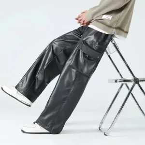 Trend4us Men's Faux Leather Wide-Leg Cargo Pants