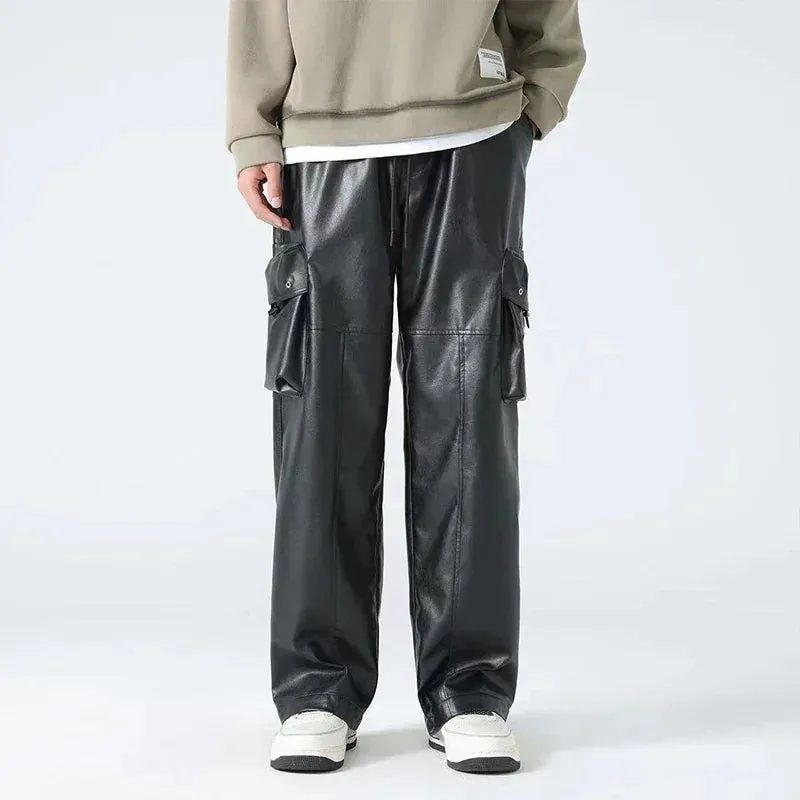 Trend4us Men's Faux Leather Wide-Leg Cargo Pants