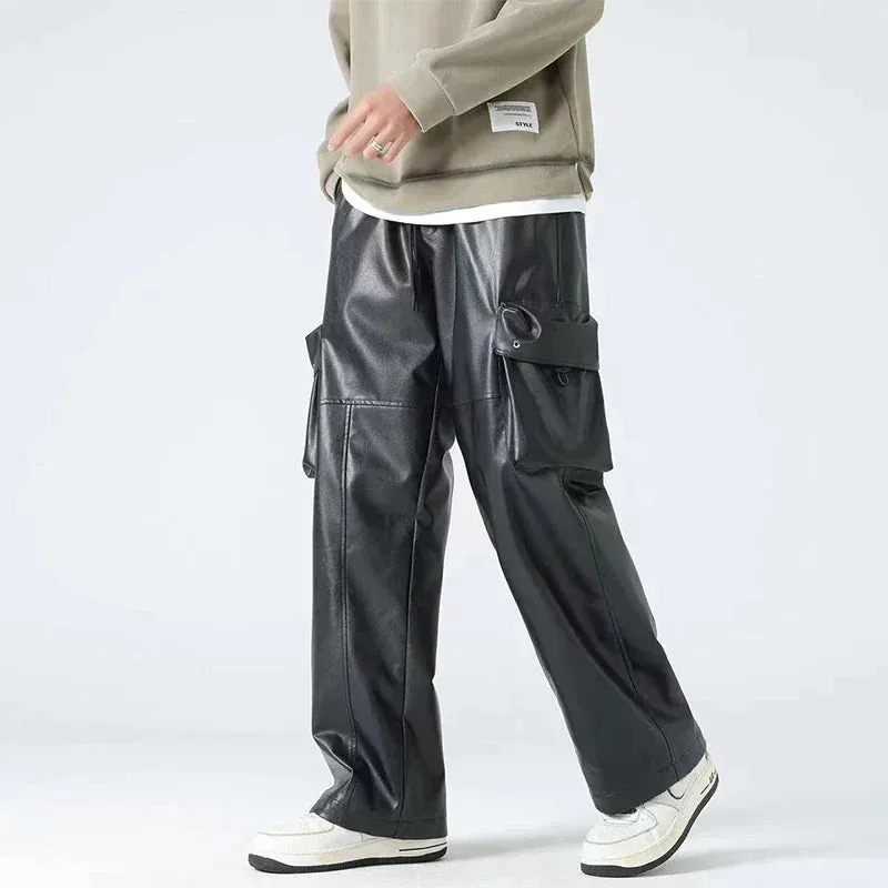 Trend4us Men's Faux Leather Wide-Leg Cargo Pants
