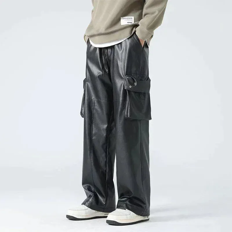Trend4us Men's Faux Leather Wide-Leg Cargo Pants