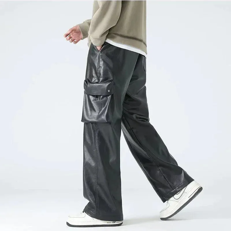 Trend4us Men's Faux Leather Wide-Leg Cargo Pants
