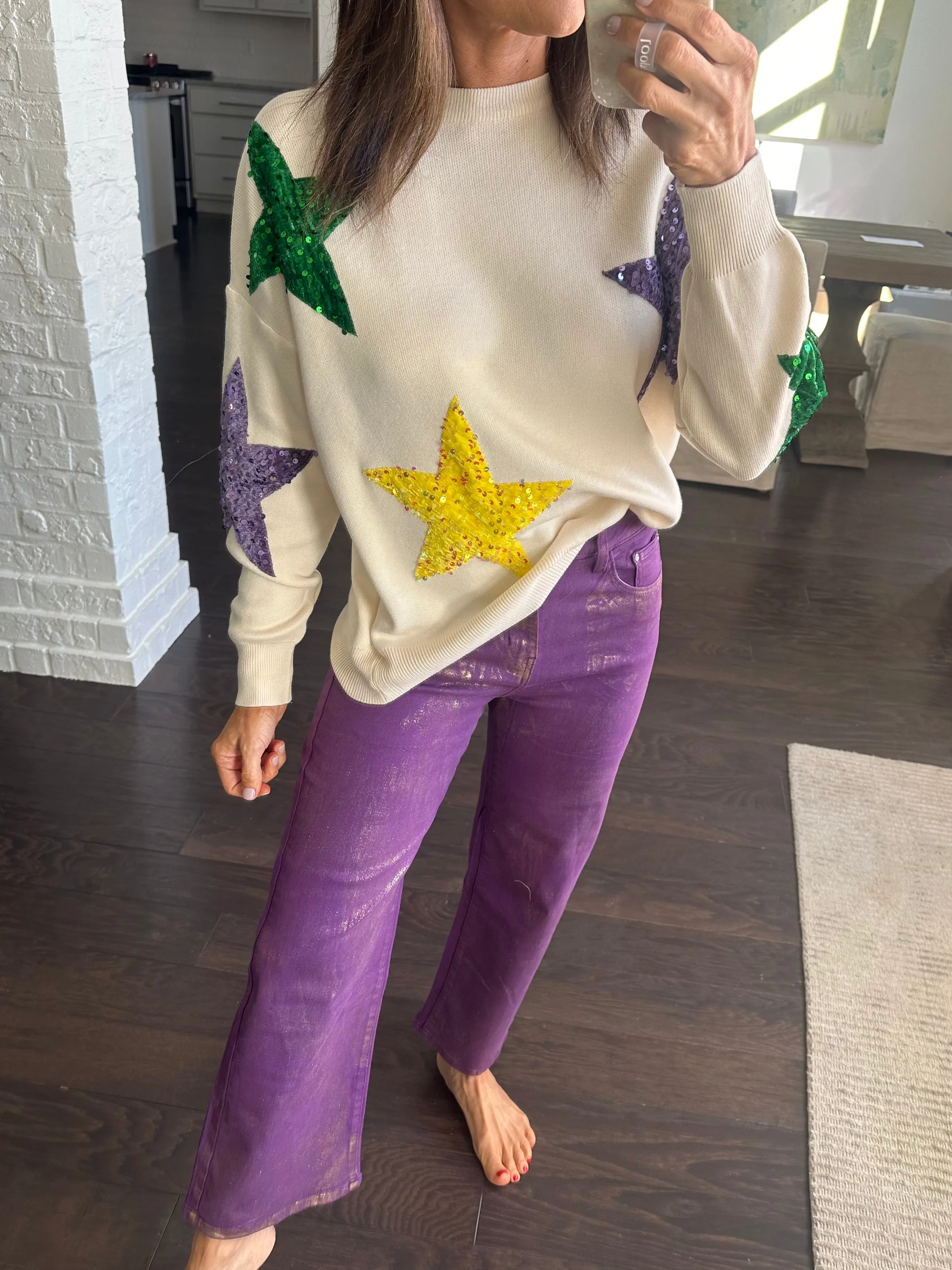 Velvet Sequin Star MG Sweater- Ivory
